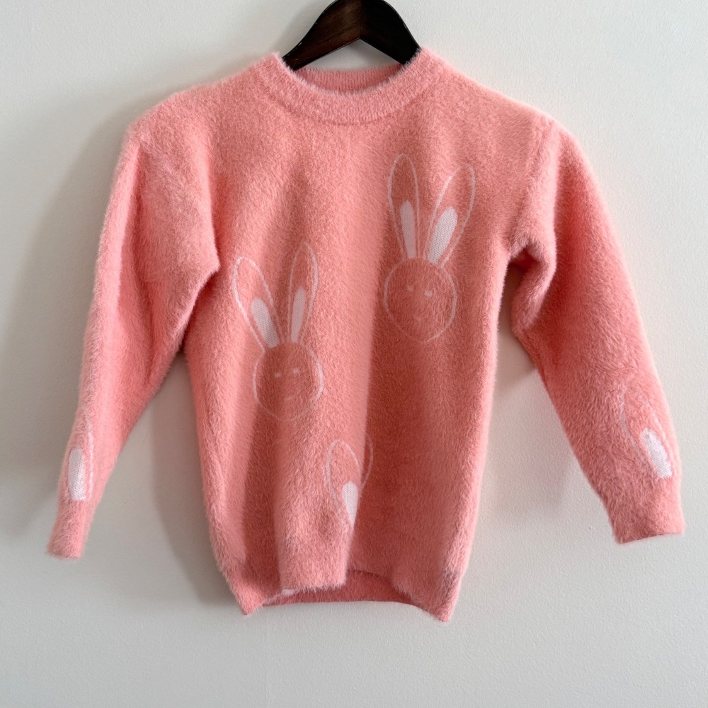 SHEIN Girls Peach Fuzzy Eyelash Knit Bunny Rabbit Sweater Size 8Y